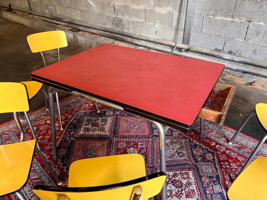 Red table set and 6 vintage yellow formica chairs