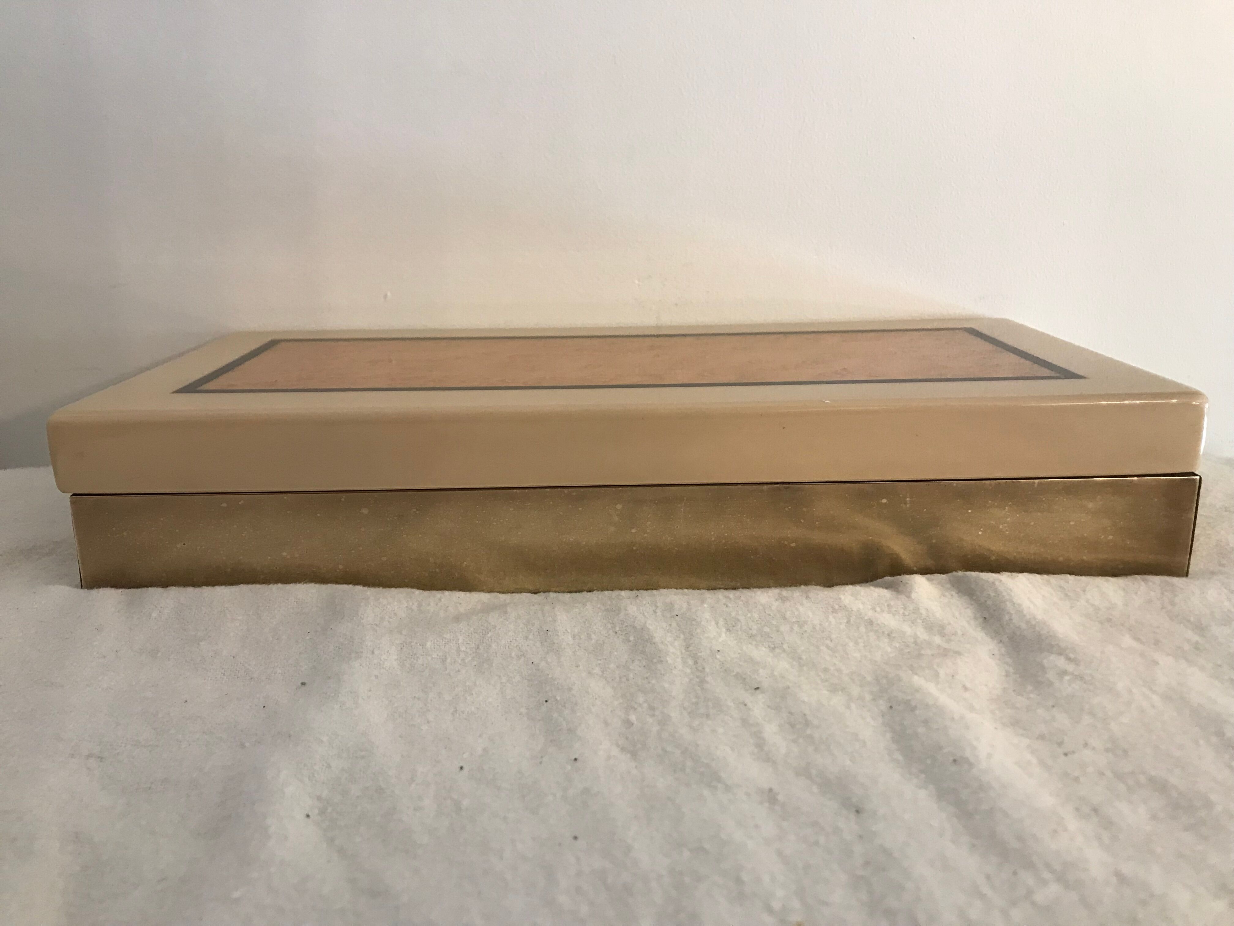 Rectangular mother-of-pearl and brass storage box 1970