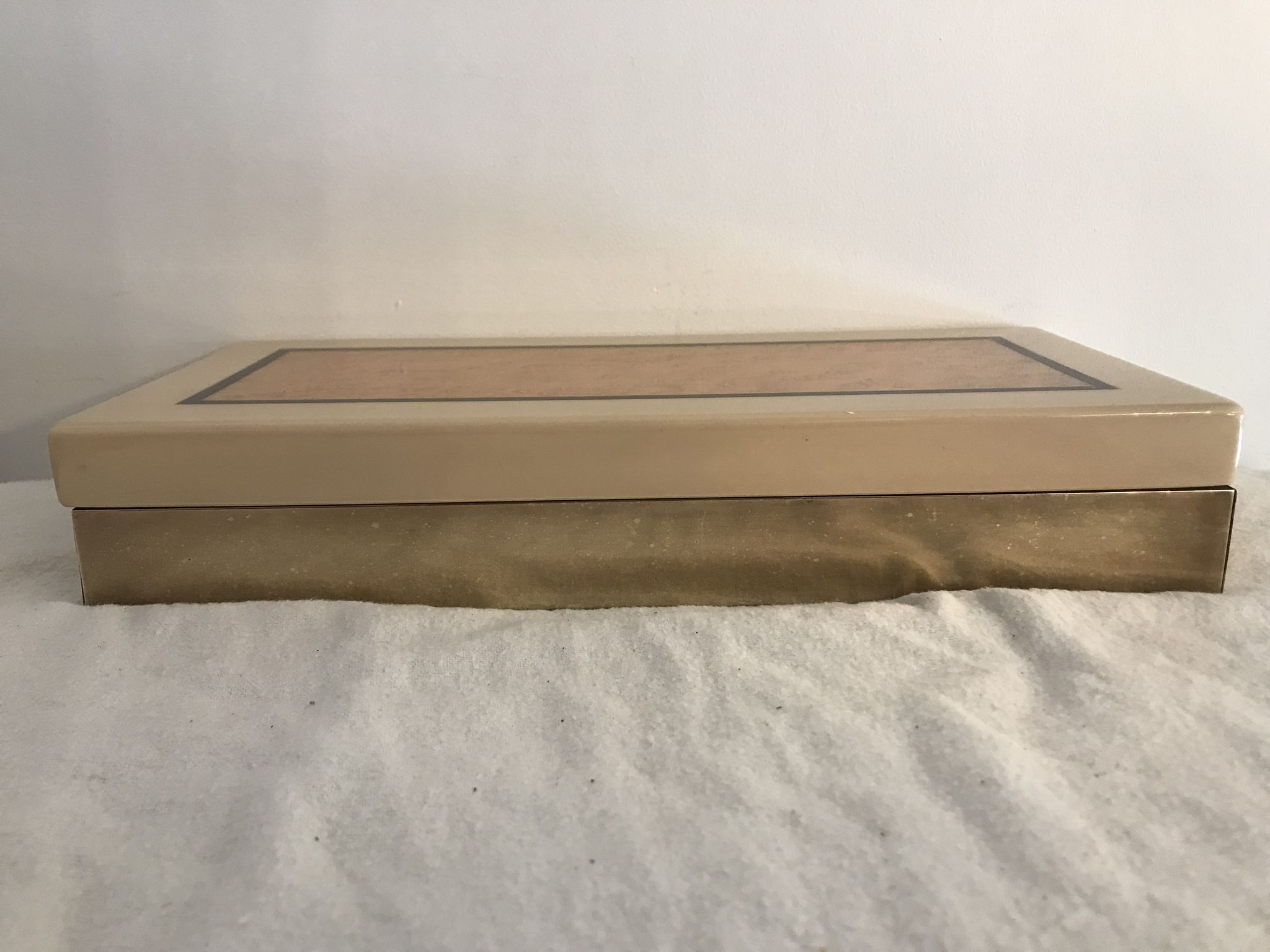 Rectangular mother-of-pearl and brass storage box 1970