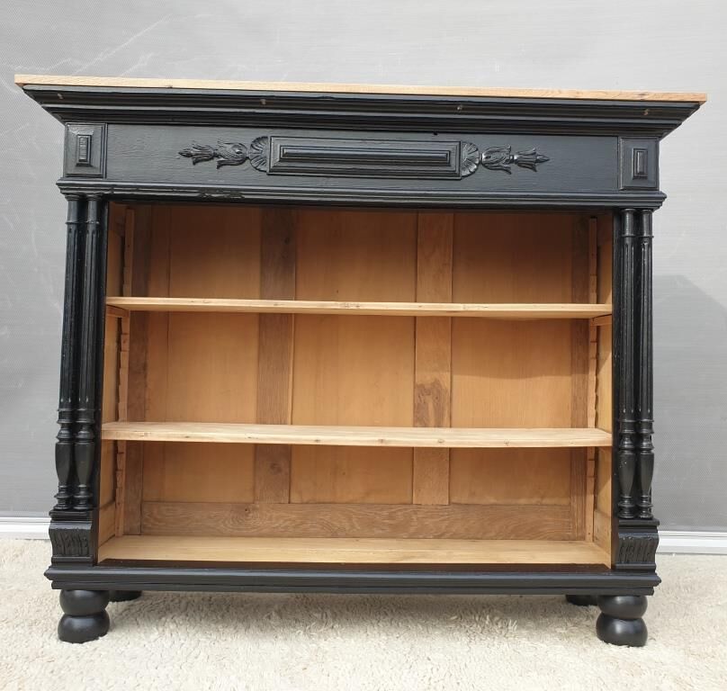 Neoclassical black wood bookcase with columns
