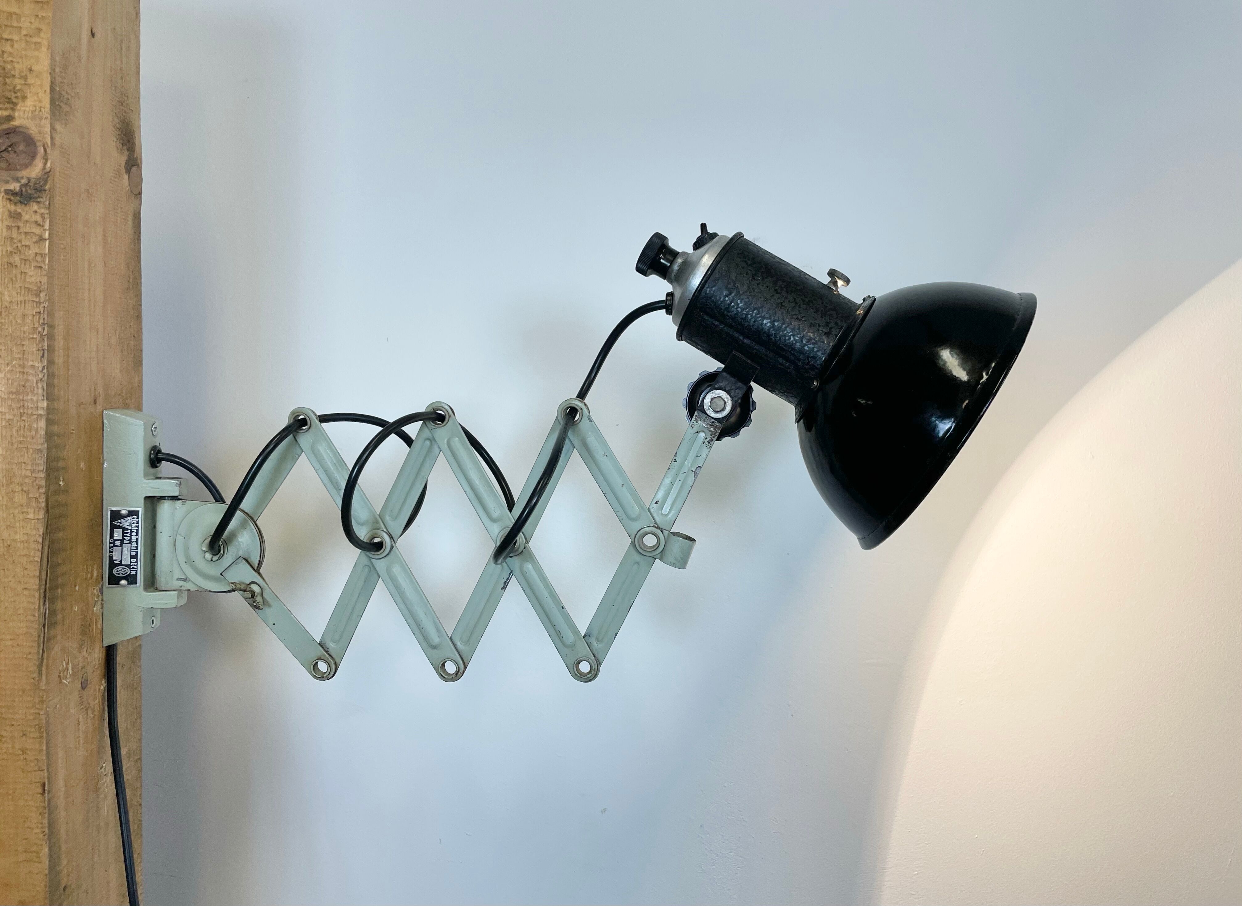 Vintage industrial black enamel scissor wall lamp, 1950s