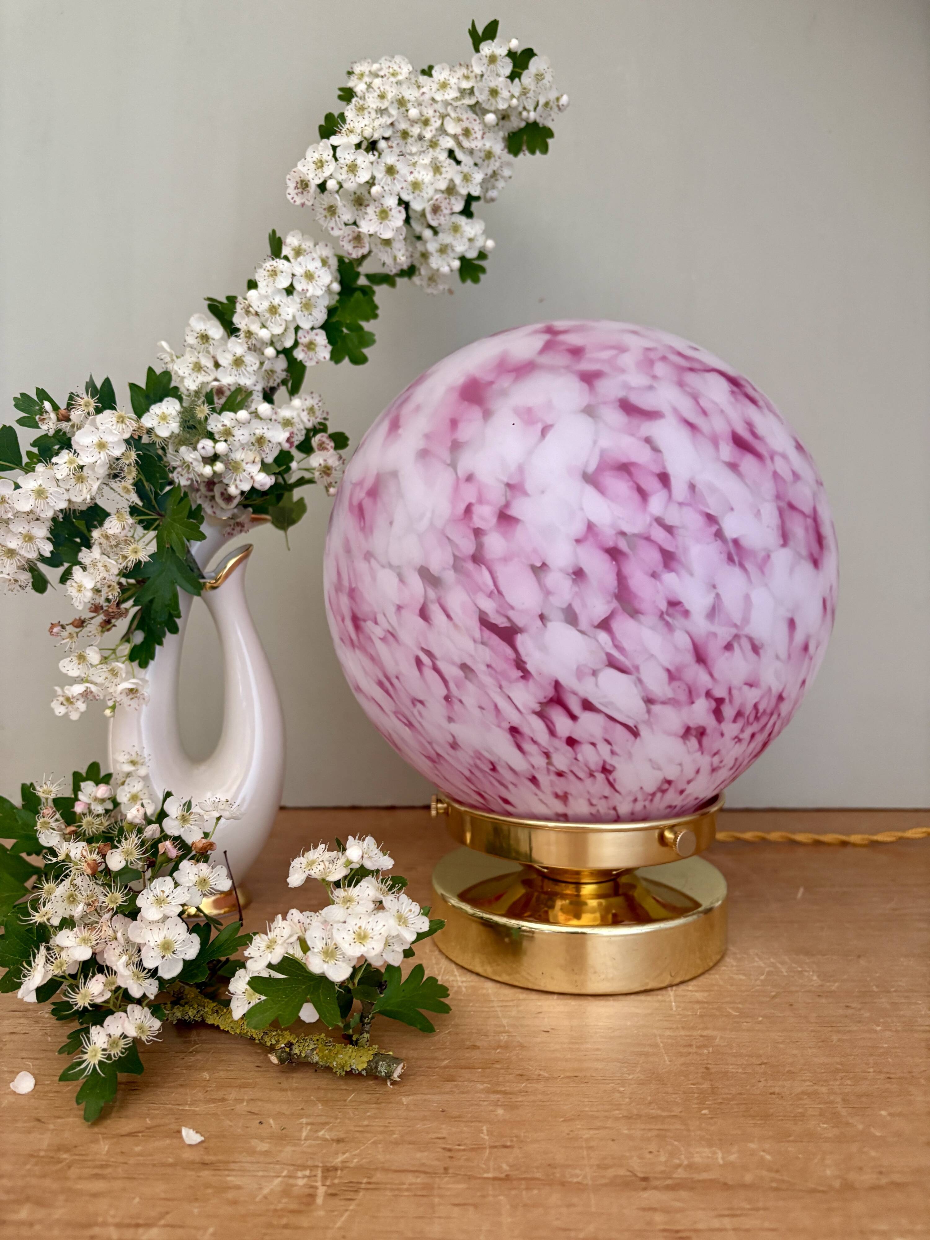 Vintage pink and white glass globe table lamp