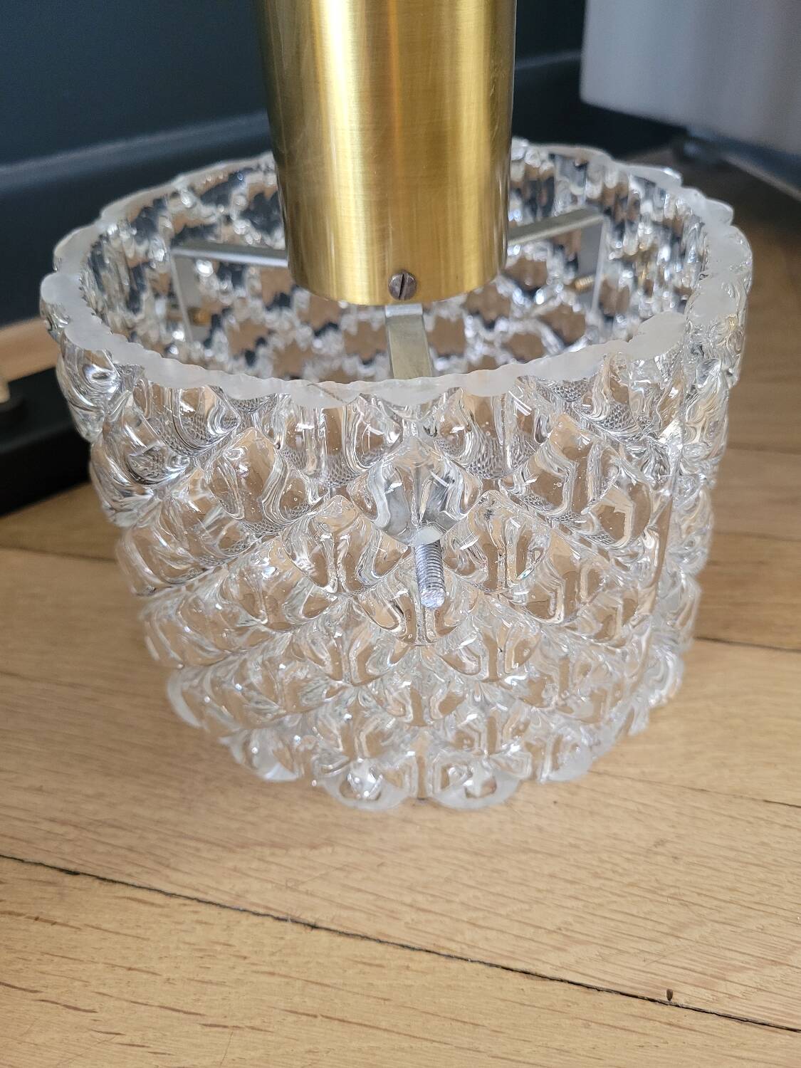 Vintage pendant chandelier in molded glass and brass