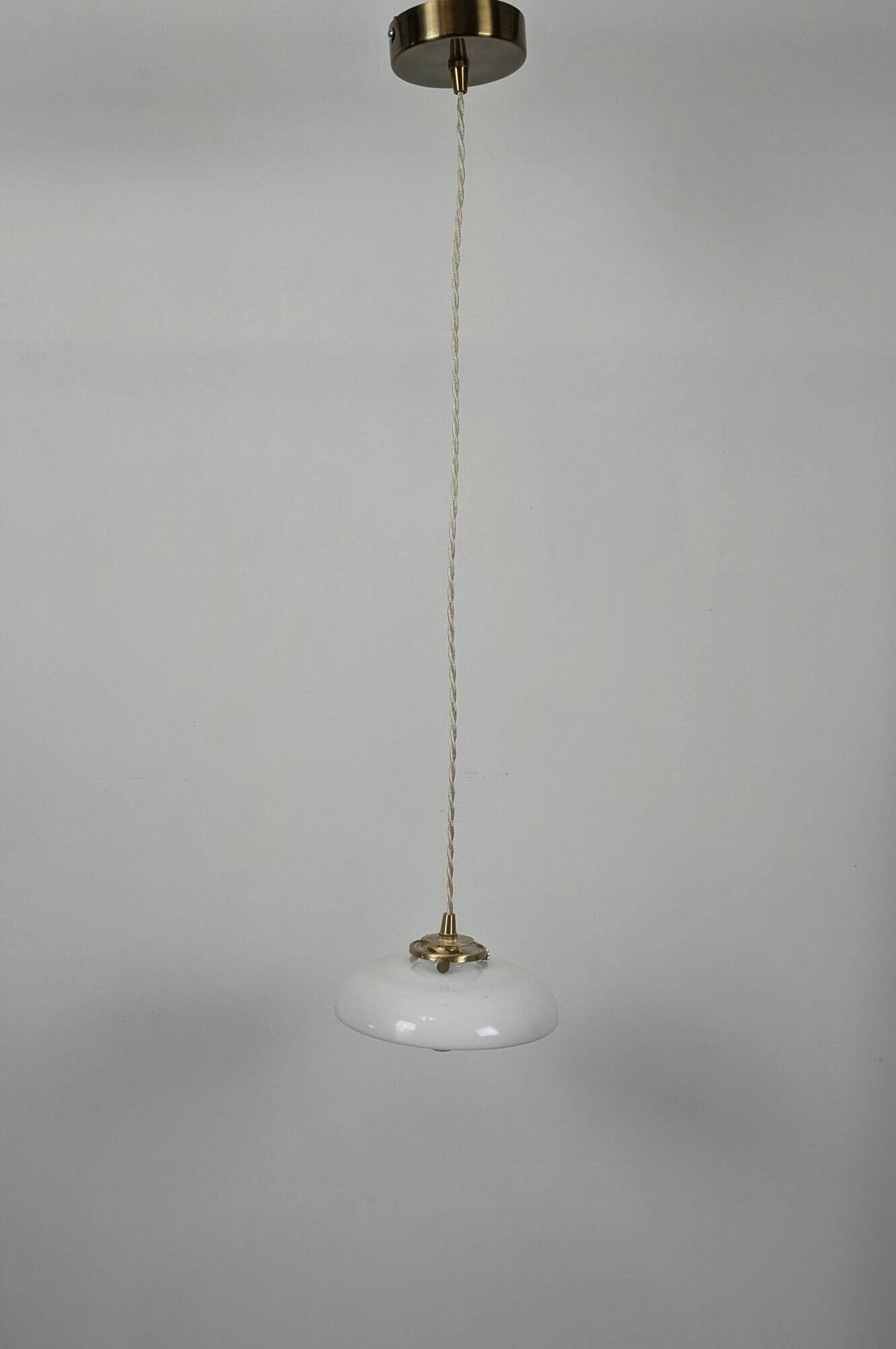 Vintage suspension in white opaline with a bulged shape – 1960s lampshade, brass.