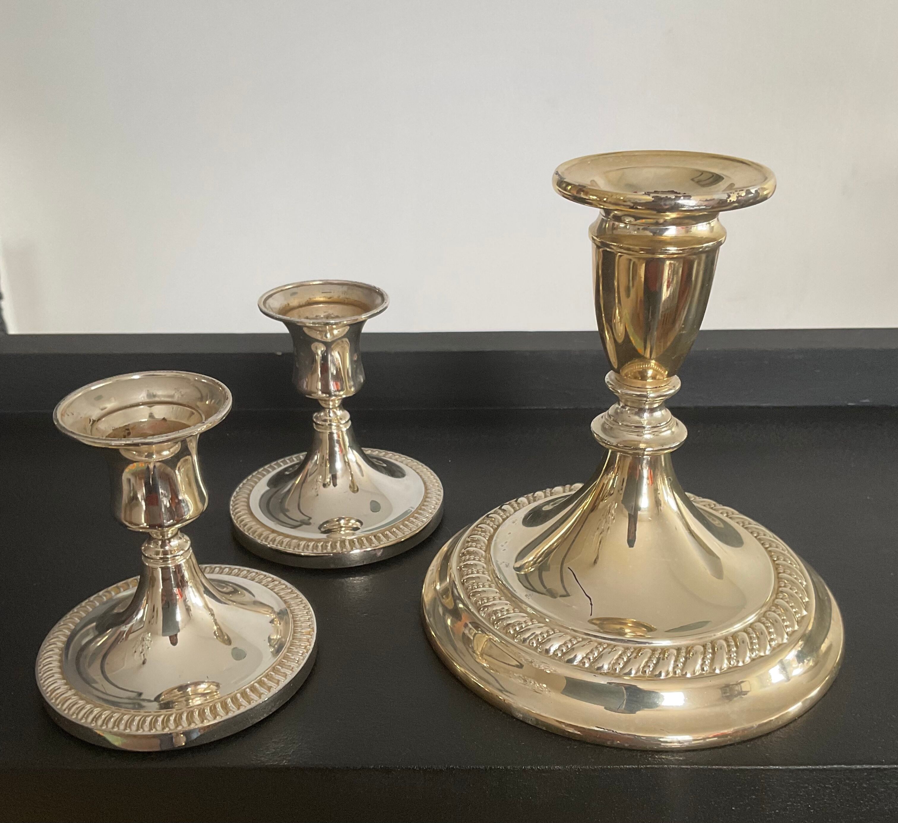 Series of 3 vintage candle holders in silver metal 70s