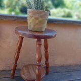 Solid wood turned tripod stool with 2 seats, 1970