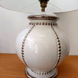 Longwy earthenware lamp and Klein blue lampshade