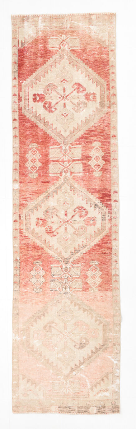 Faded red and beige vintage runner rug 322x85cm