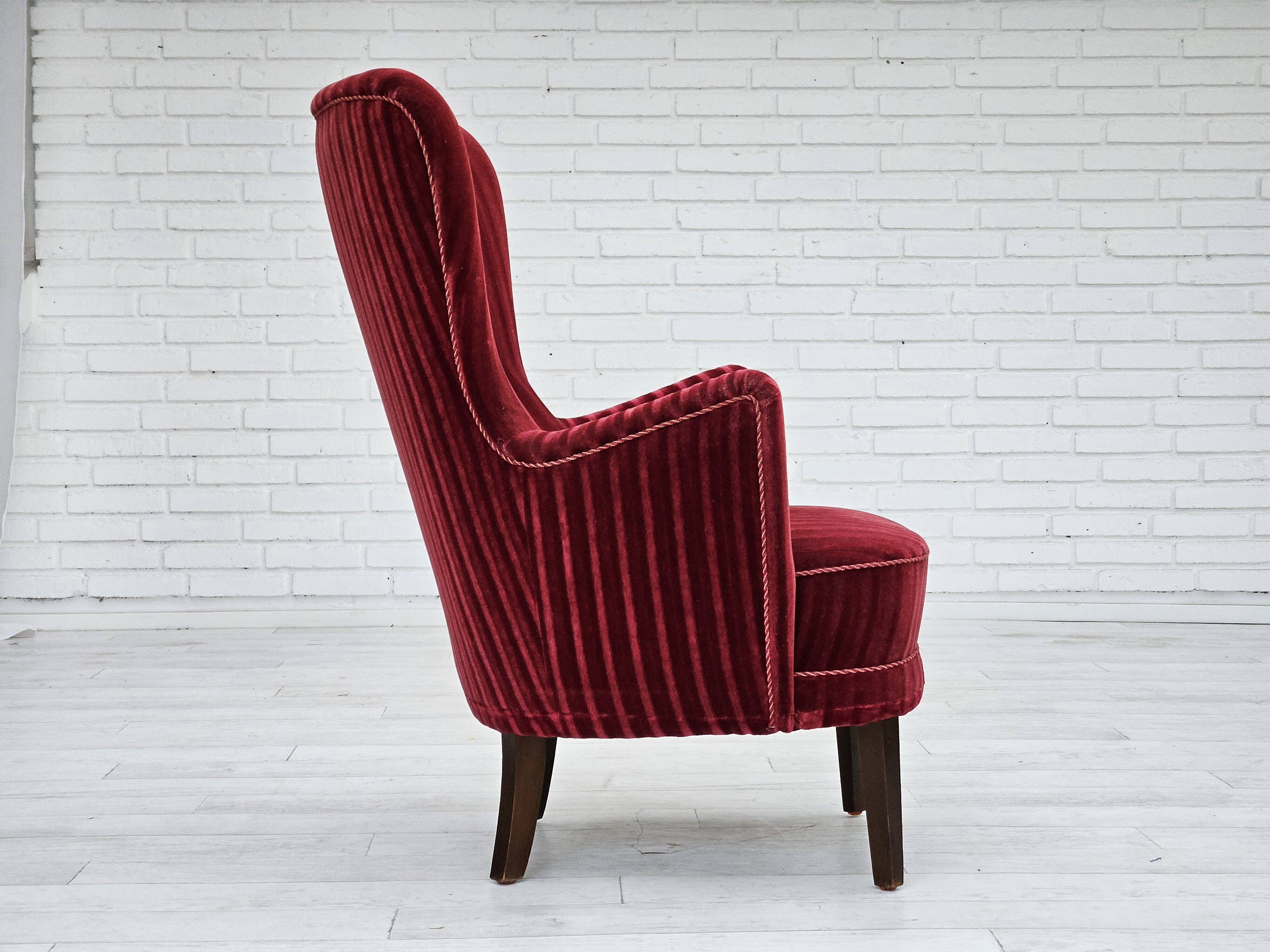 1960s, Danish armchair in cherry-red furniture velour, original condition.
