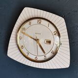 Vintage formica clock silent asymmetrical wall pendulum "Bayard wood lines"