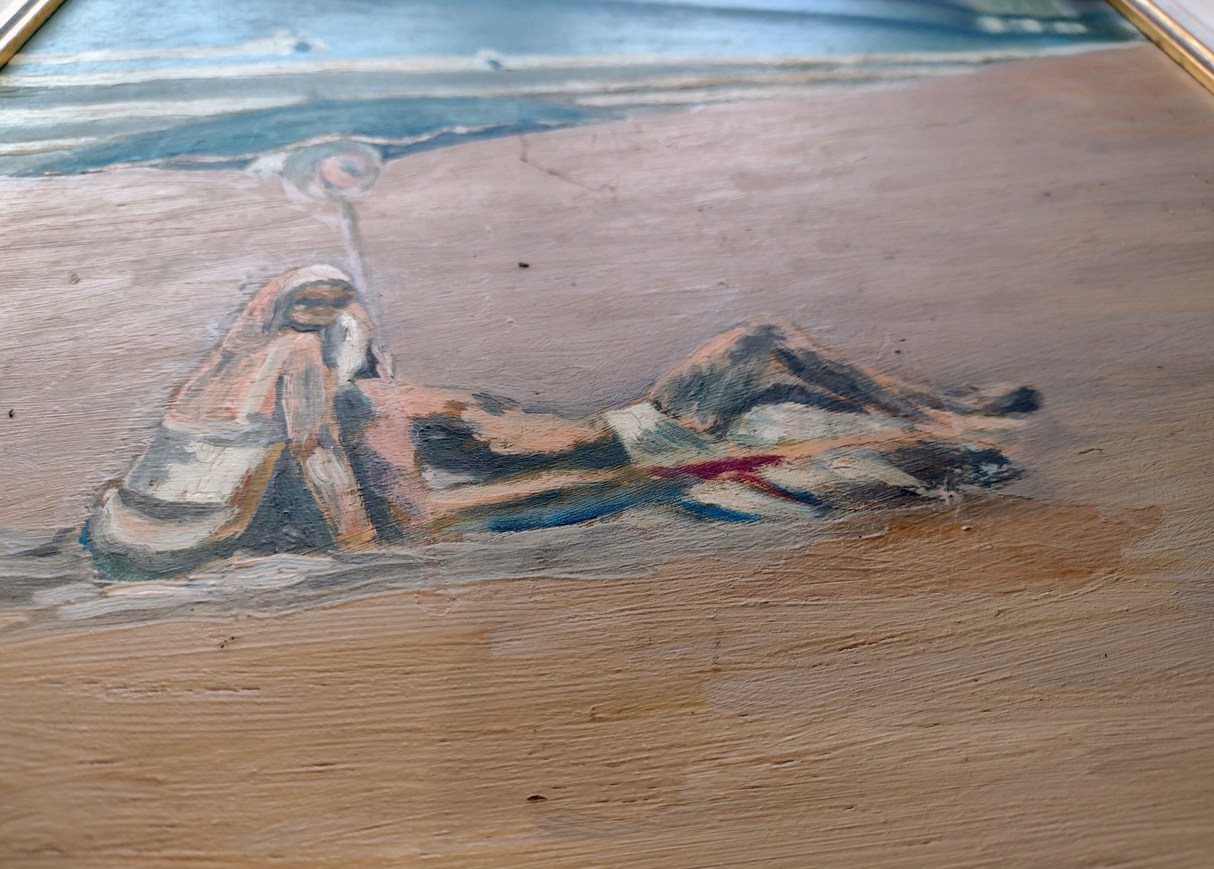 Mid century oil painting The Sunbathers