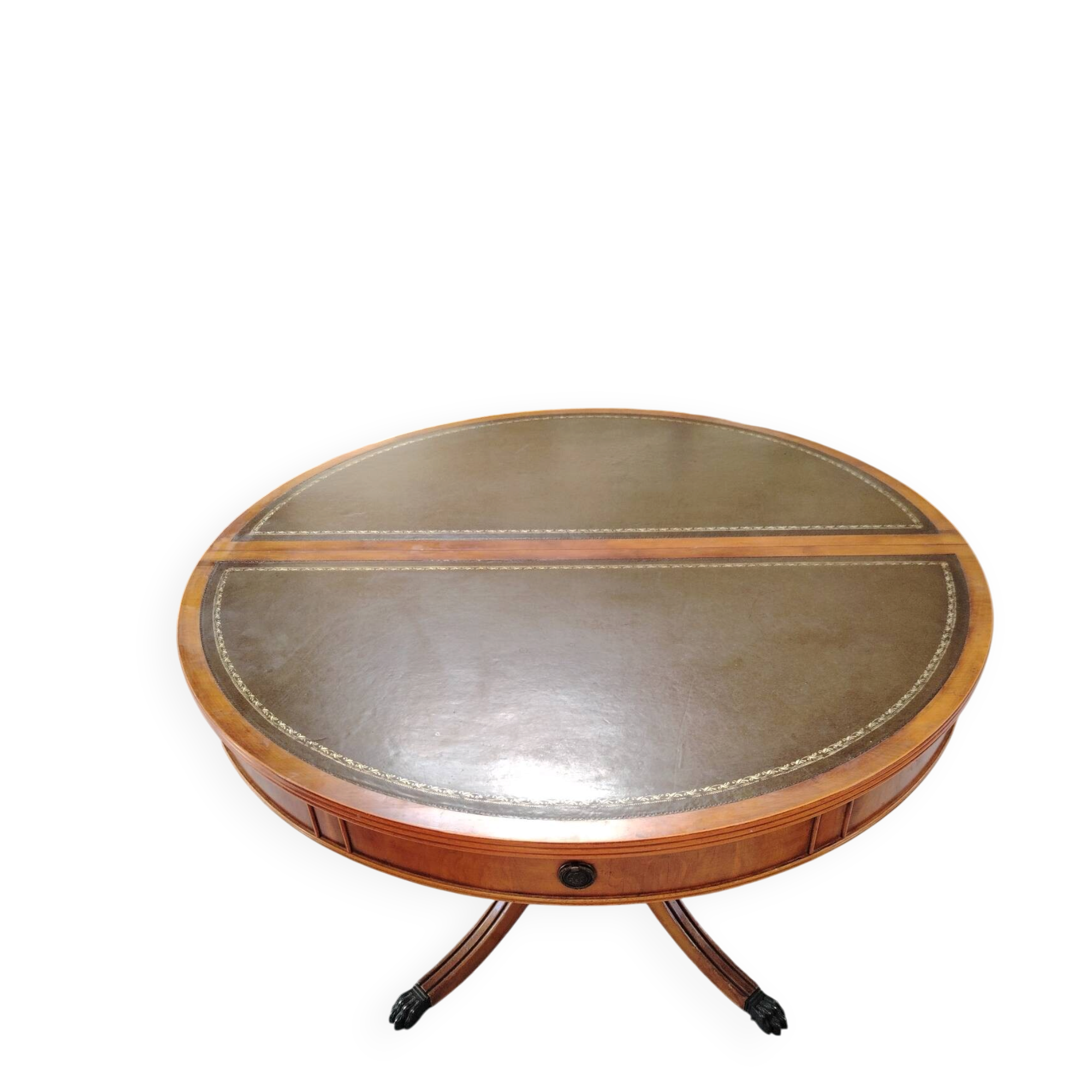 Round Regency dining table in mahogany and green leather with extensions - 20th century