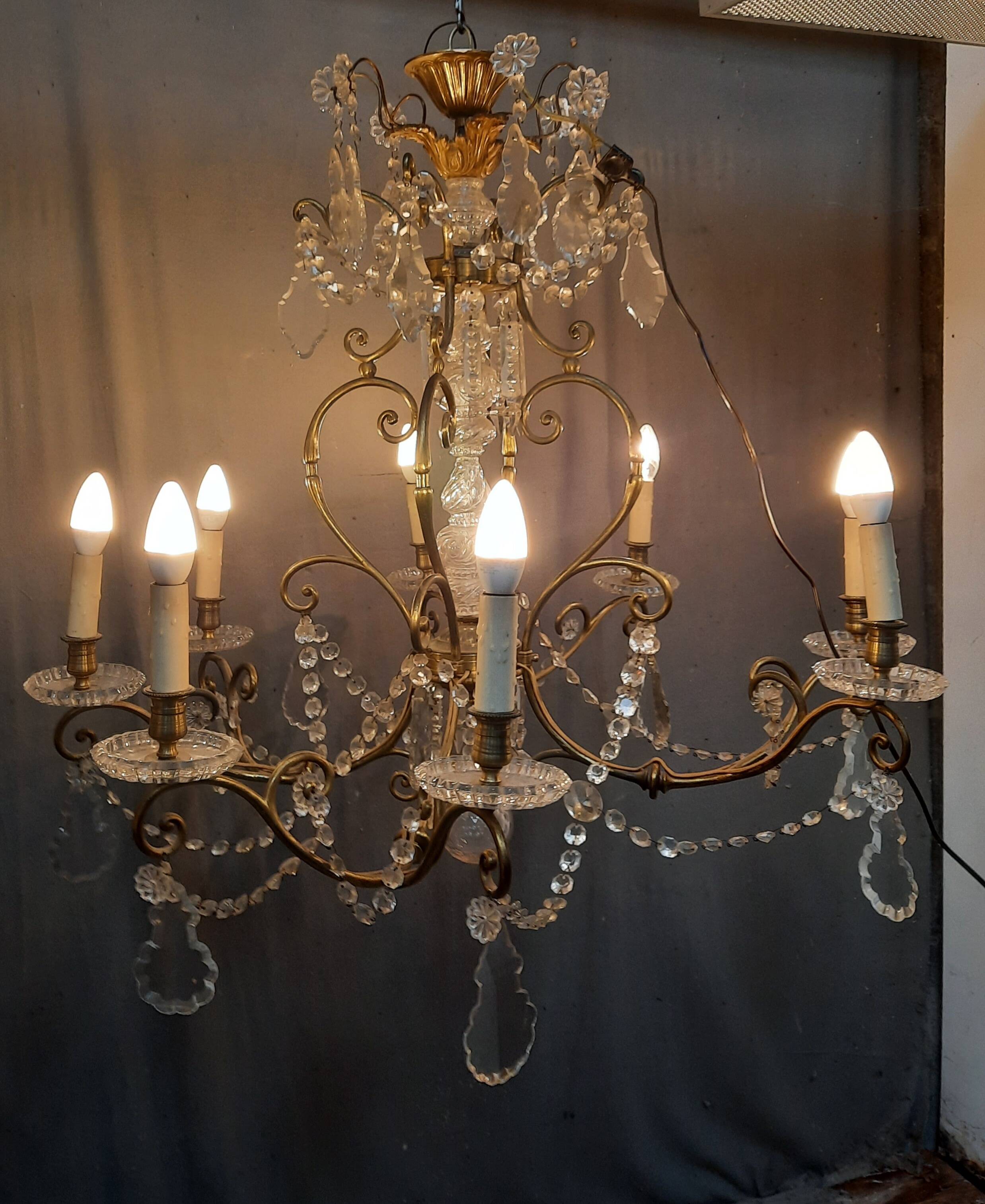 Large brass and glass chandelier