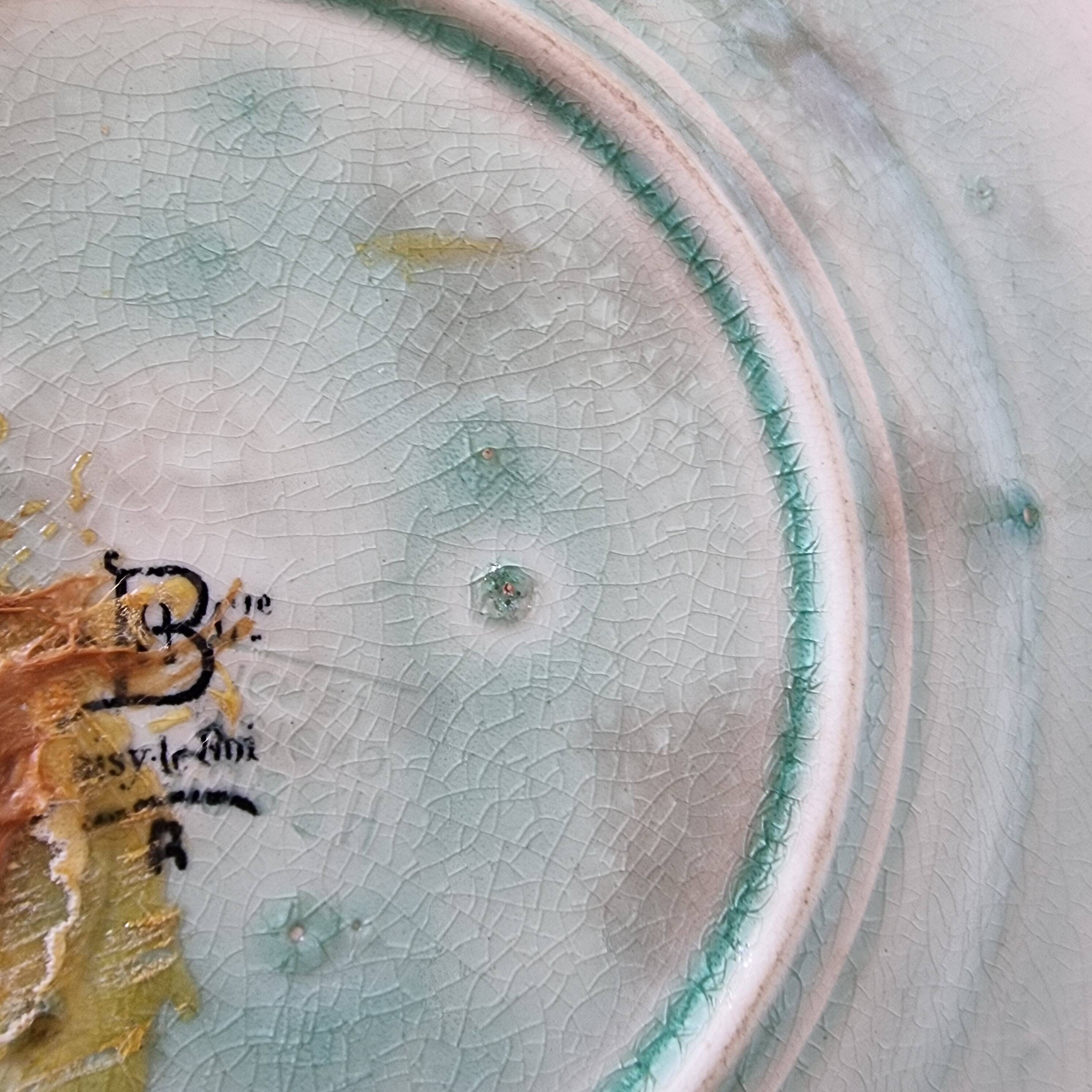 Choisy Le Roi majolica or barbotine dish decorated with leaves and pink flowers from the 19th century