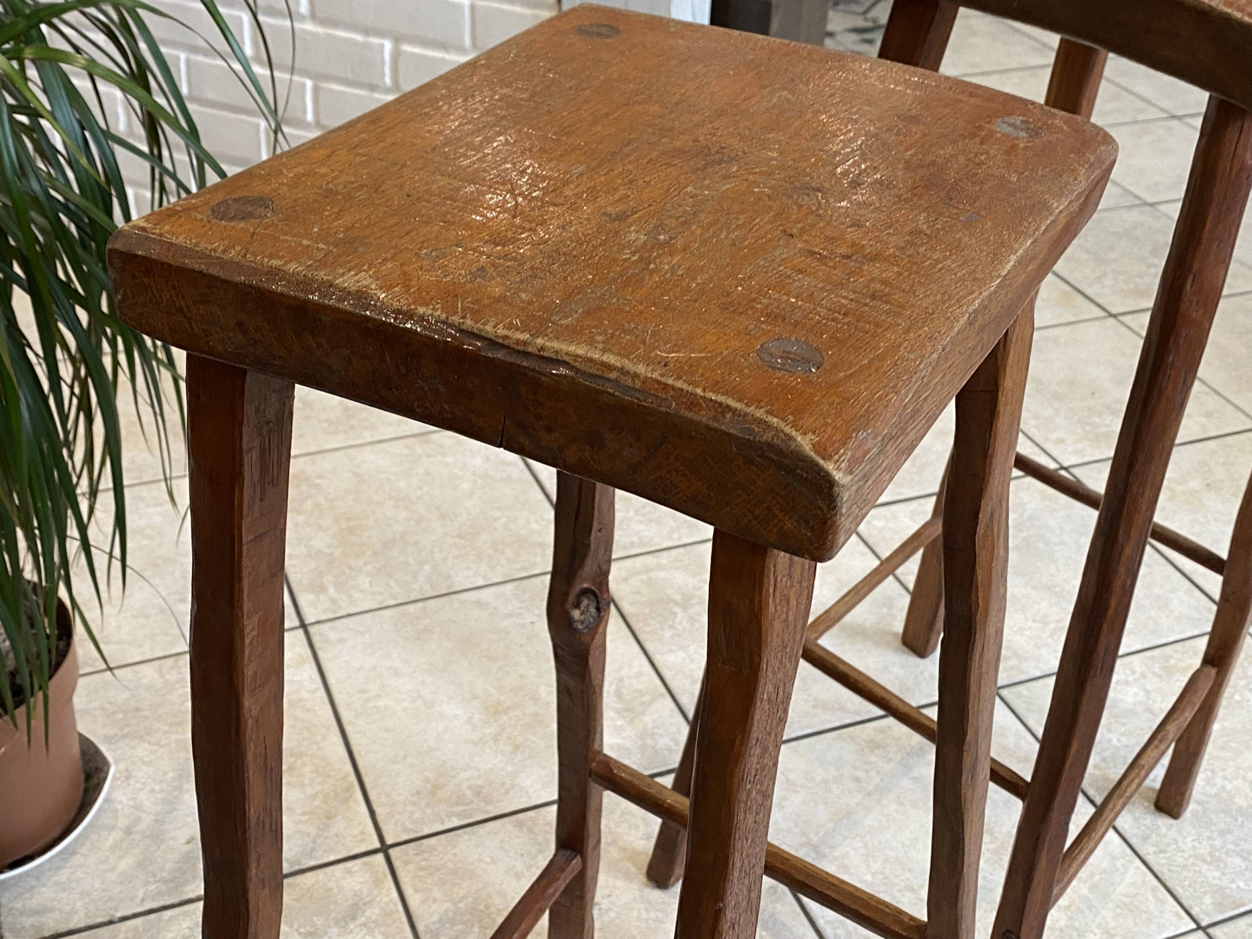 Set of 3 high wooden bar stools, handcrafted, 50.