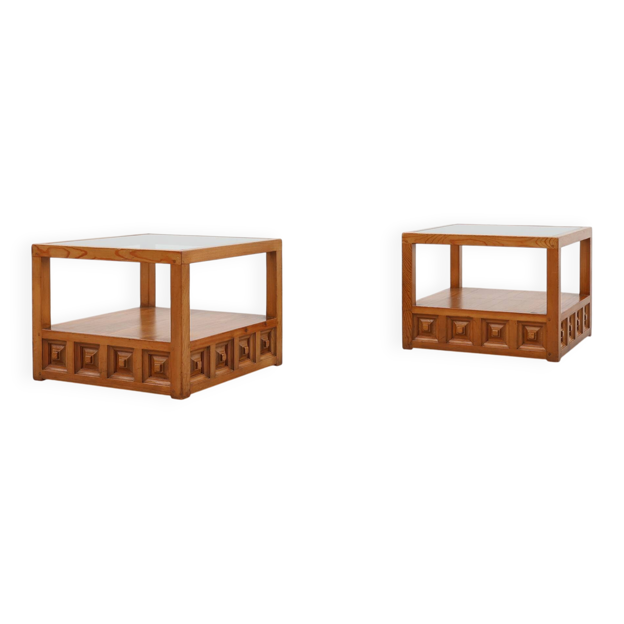 Pair geographical designed square Biosca coffee tables in pine wood, Spain
