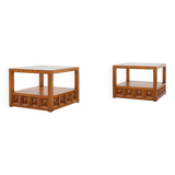 Pair geographical designed square Biosca coffee tables in pine wood, Spain