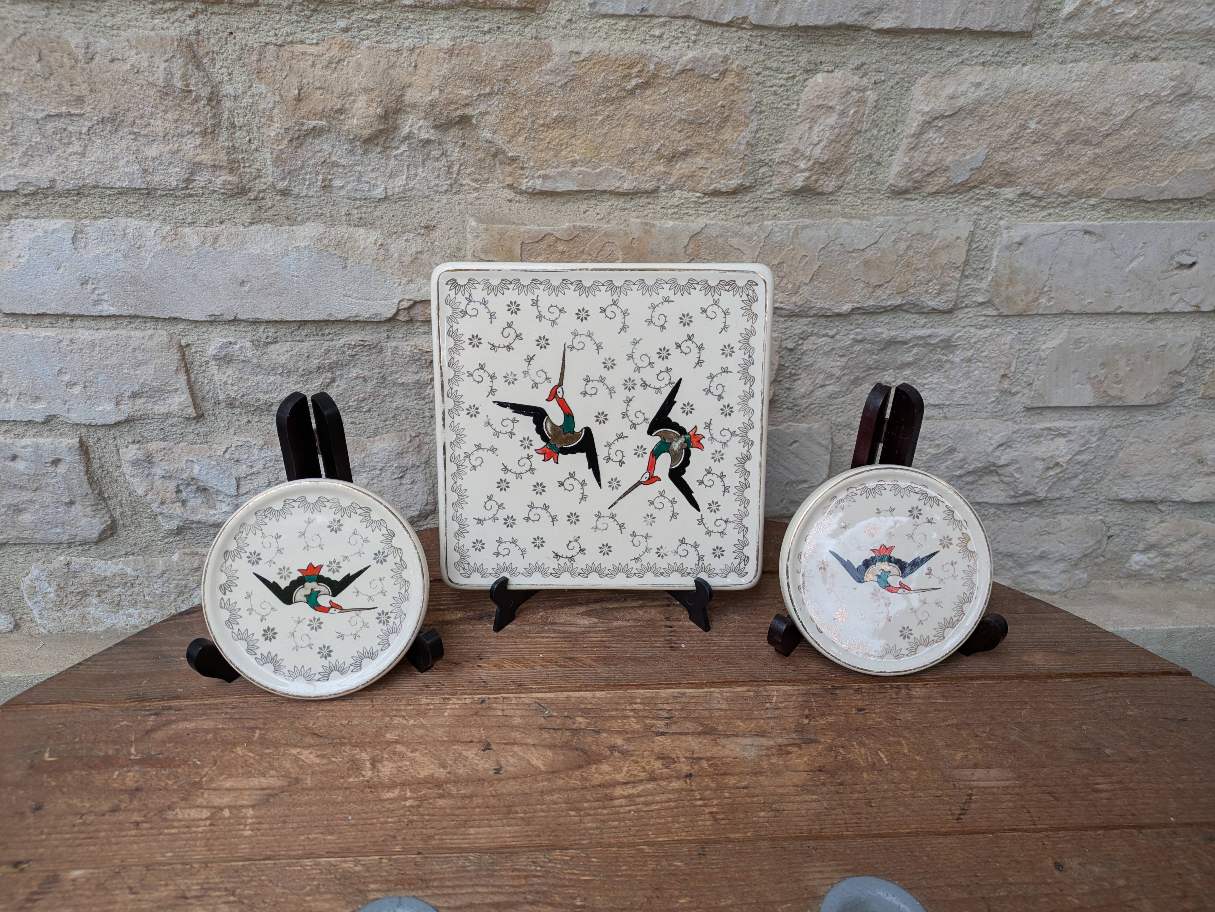 Dessous de plat et 2 dessous de bouteille Longwy modèle Chypre