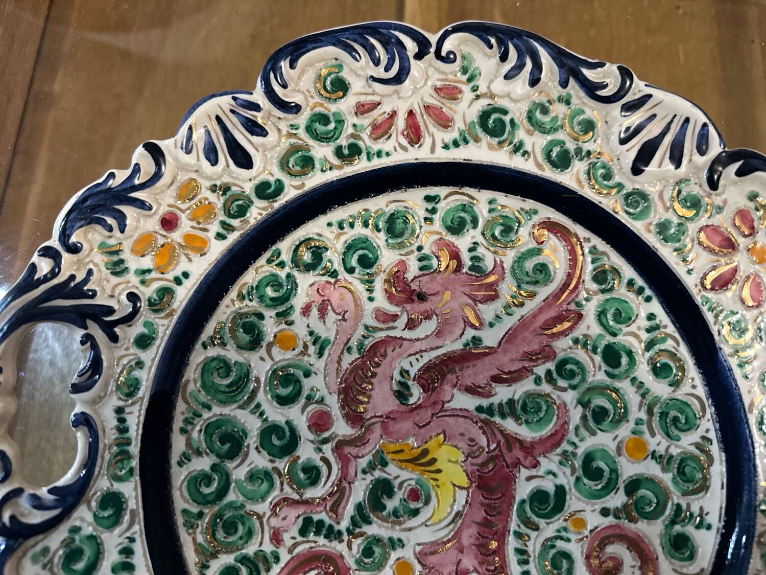 Plate / Ashtray in Massé Frères Earthenware - Relief Decoration of Dragon and F