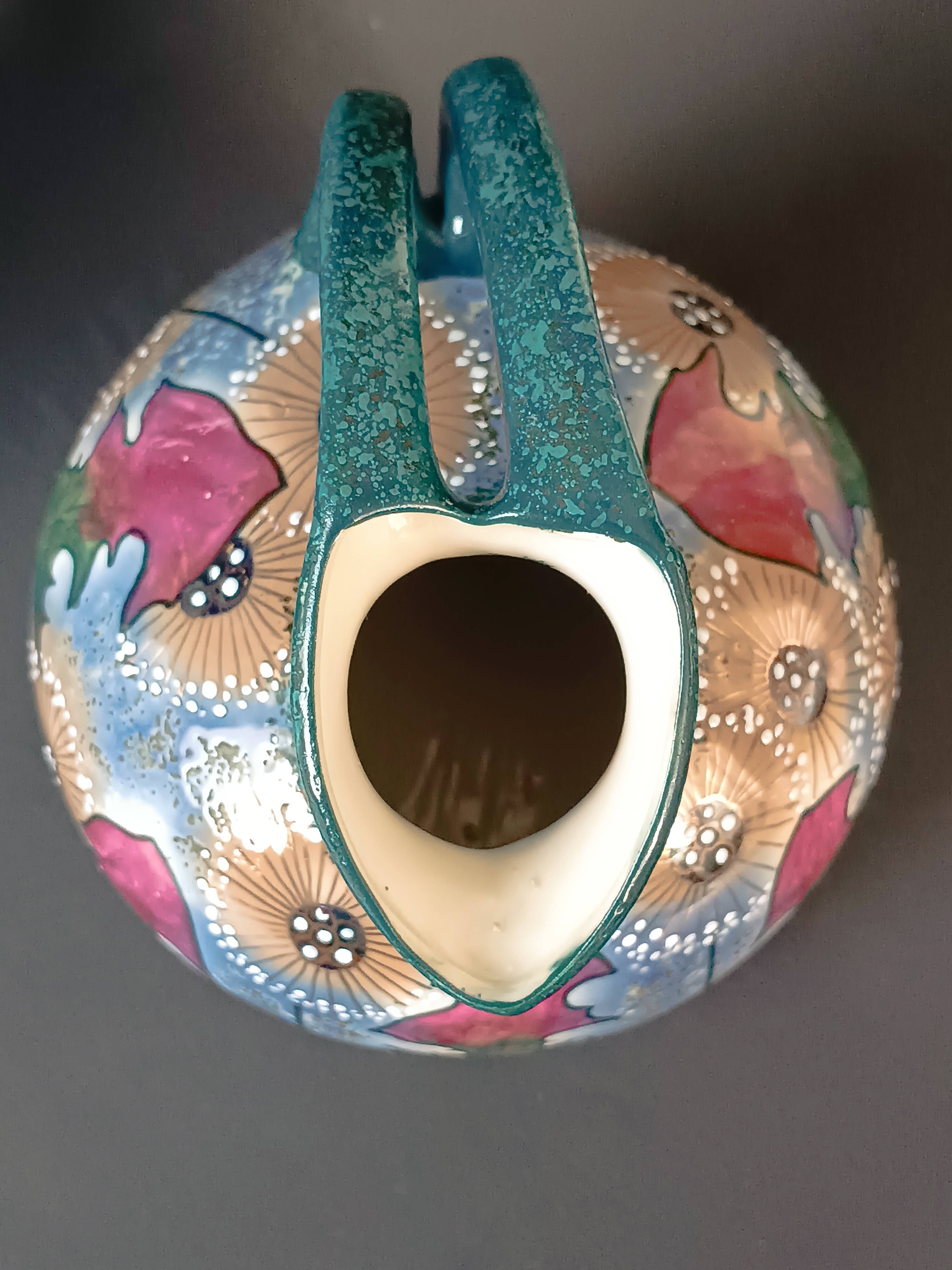 Iridescent porcelain vase with dandelion decoration, Amphora, Czechoslovakia, 1920.