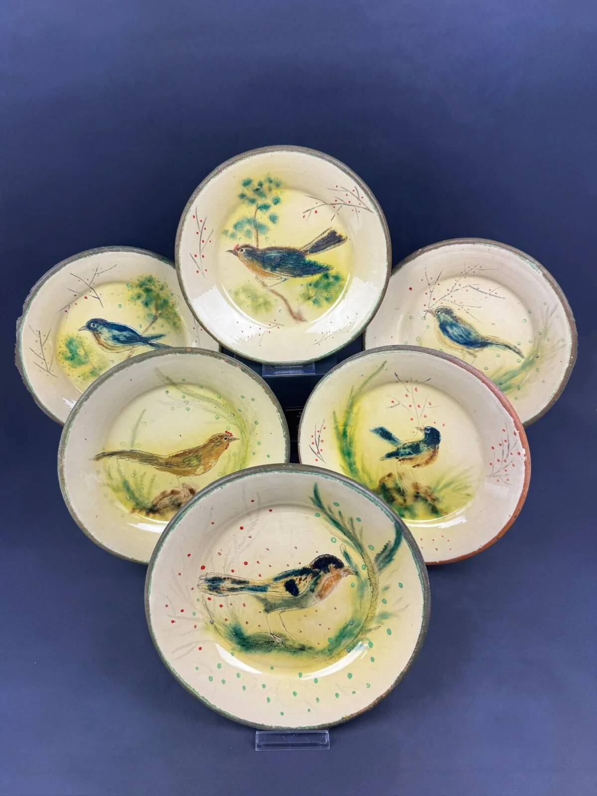 Dessert service signed Costa Diaz, 6 plates, Catalan earthenware 1950.