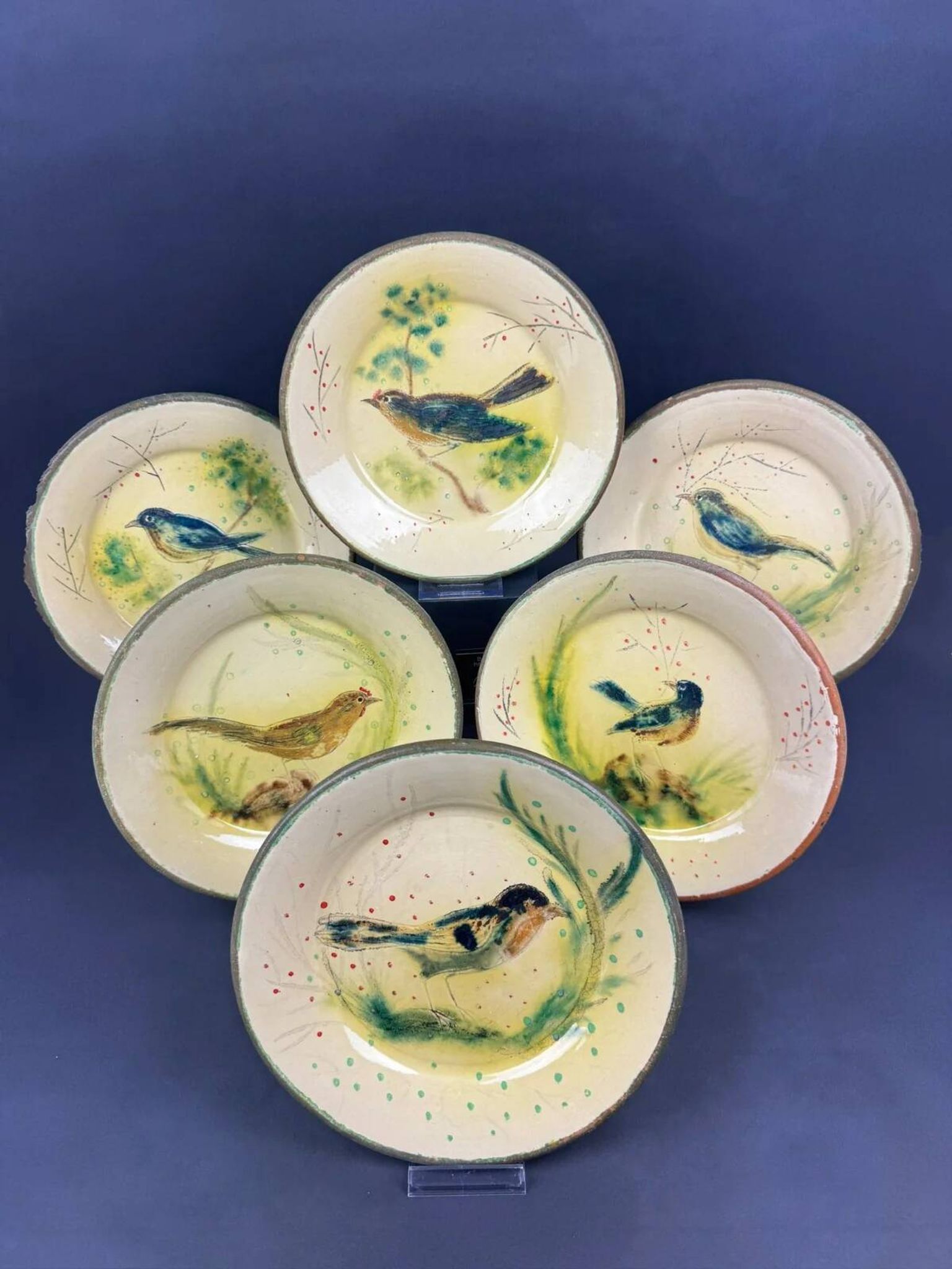 Dessert service signed Costa Diaz, 6 plates, Catalan earthenware 1950.