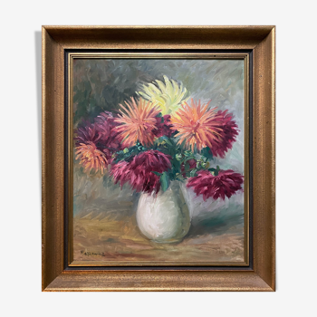 Table hst "vase with dahlias" signed Markowicz + frame