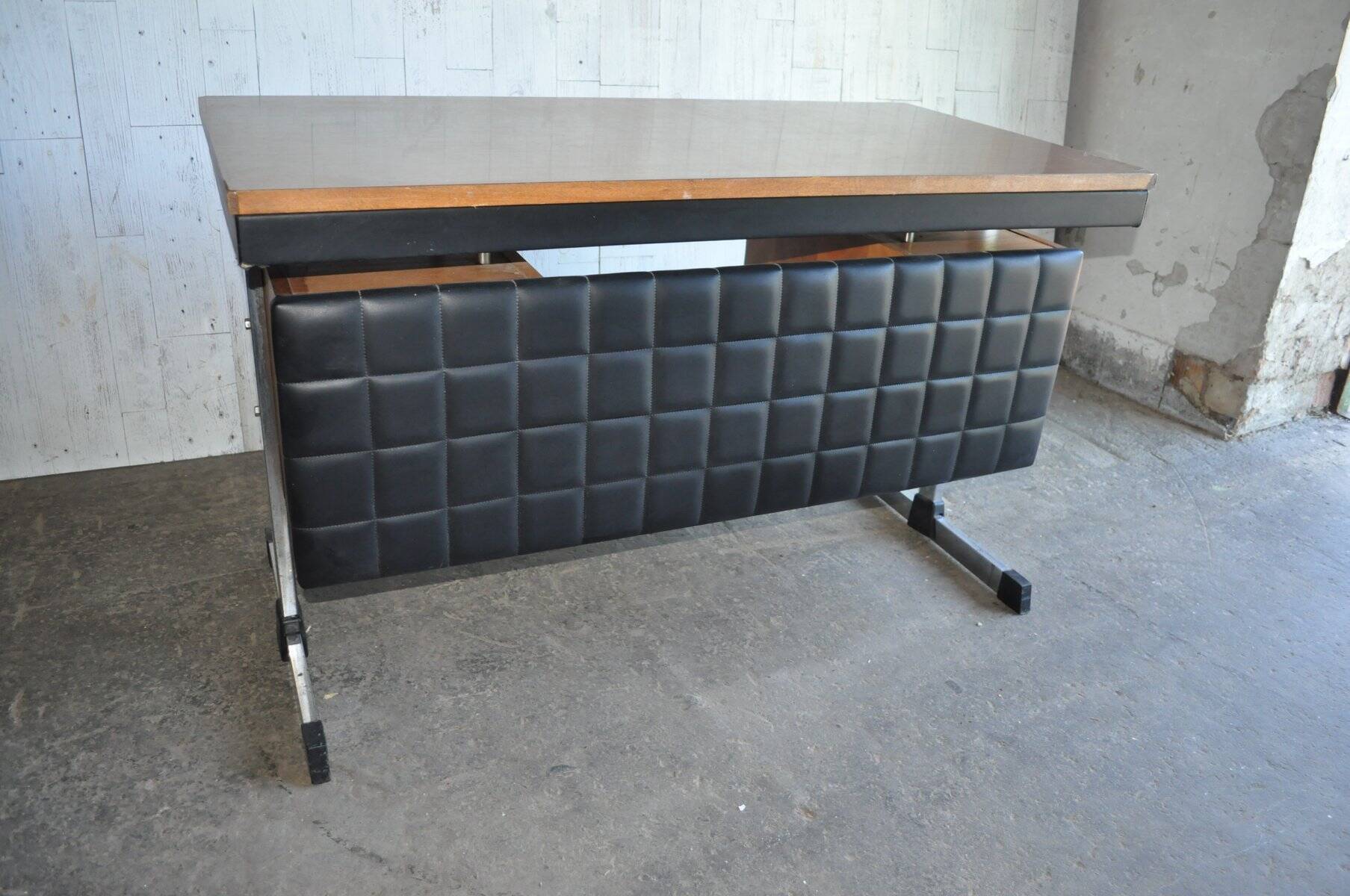 Bureau in Bauhaus mid-century style made of wood and black leather, Hungarian 1960s.