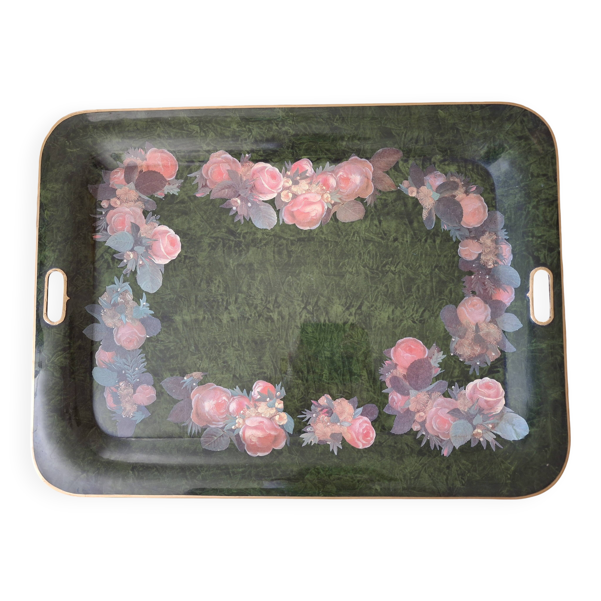 Large painted metal serving tray with handles 74.7 X 55.5 cm