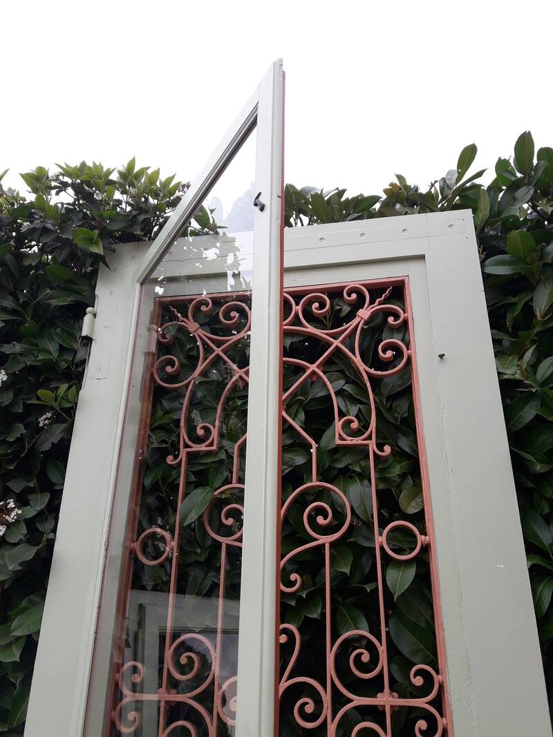 Entrance door 264x99cm old walnut oak wrought iron grille glass panel