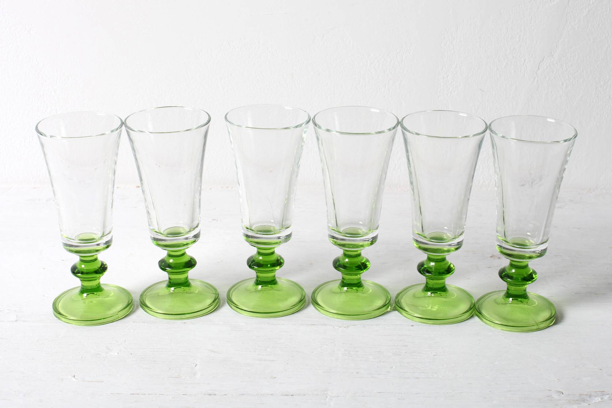 Set of 6 Vintage Green-Footed Glasses / Mid-century Rare Liquor Flutes