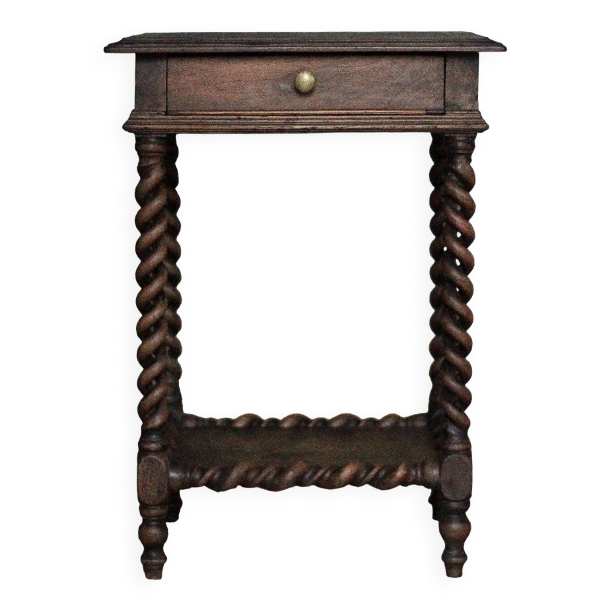 Antique turned wood bedside table with drawer, side table, nightstand