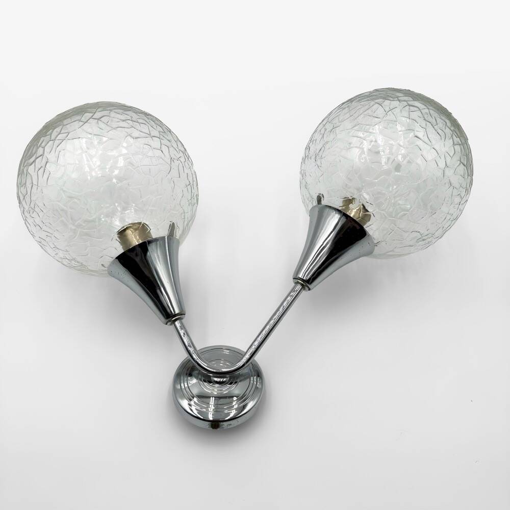 Pair of Space Age wall lights with cracked glass and chrome