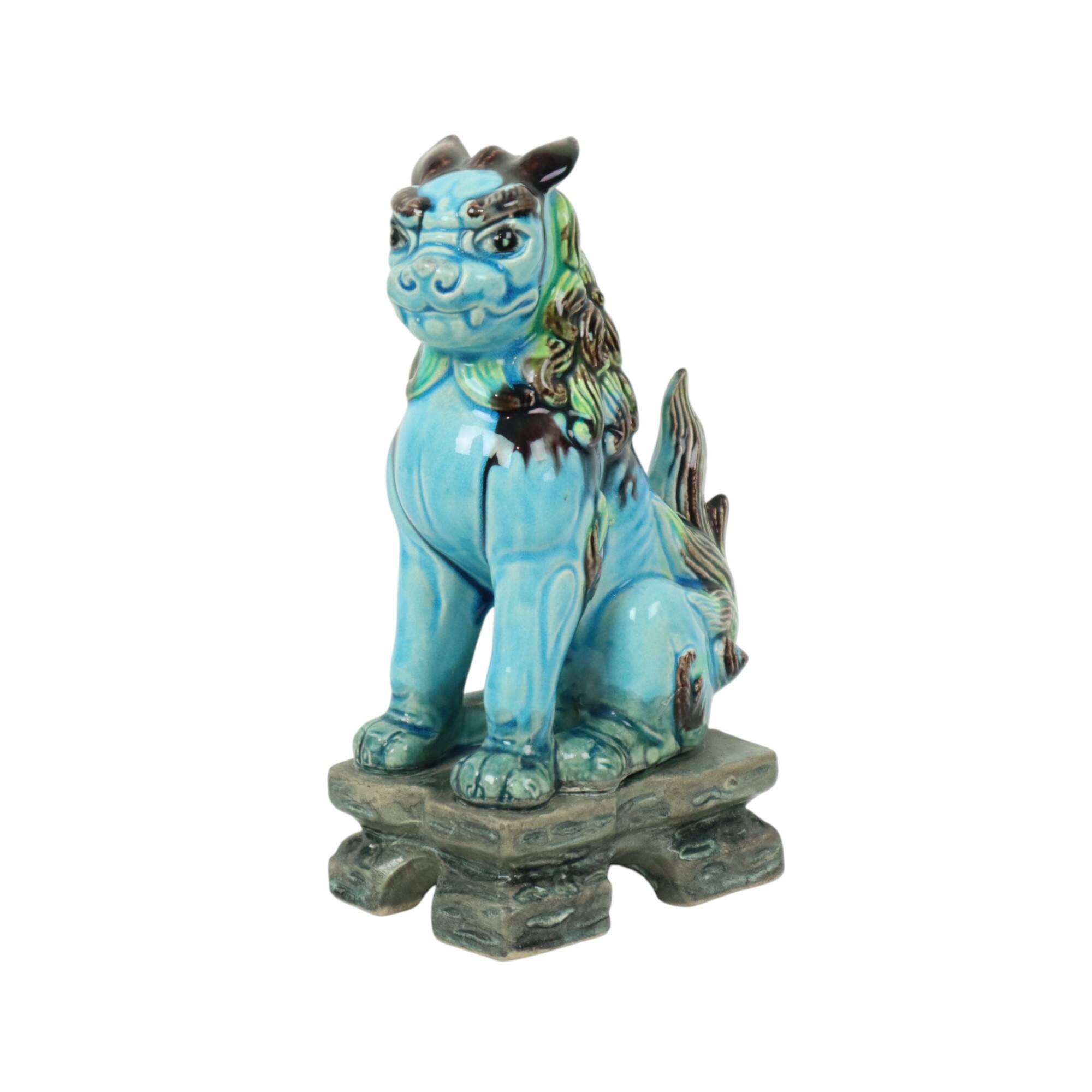 Vintage Chinese Komainu Guardian Lion Foo Dog Blue 19cm