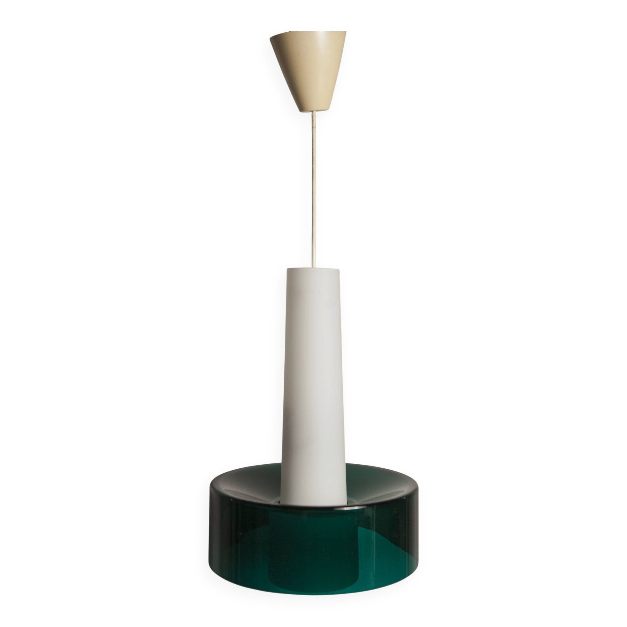 Vintage suspension in 2 elements, white opaline and transparent glass.