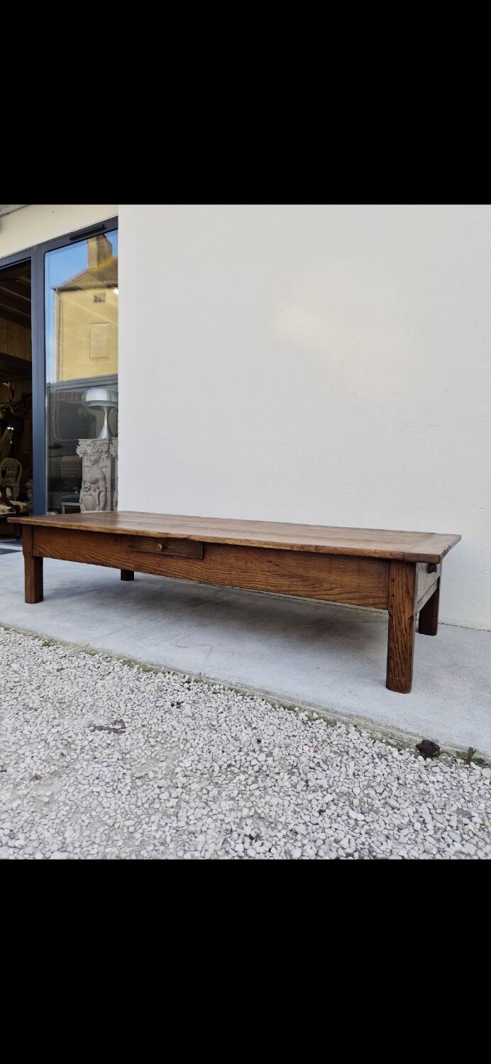 Rustic farmhouse coffee table with two drawers, solid oak, 19th century - 1.97m