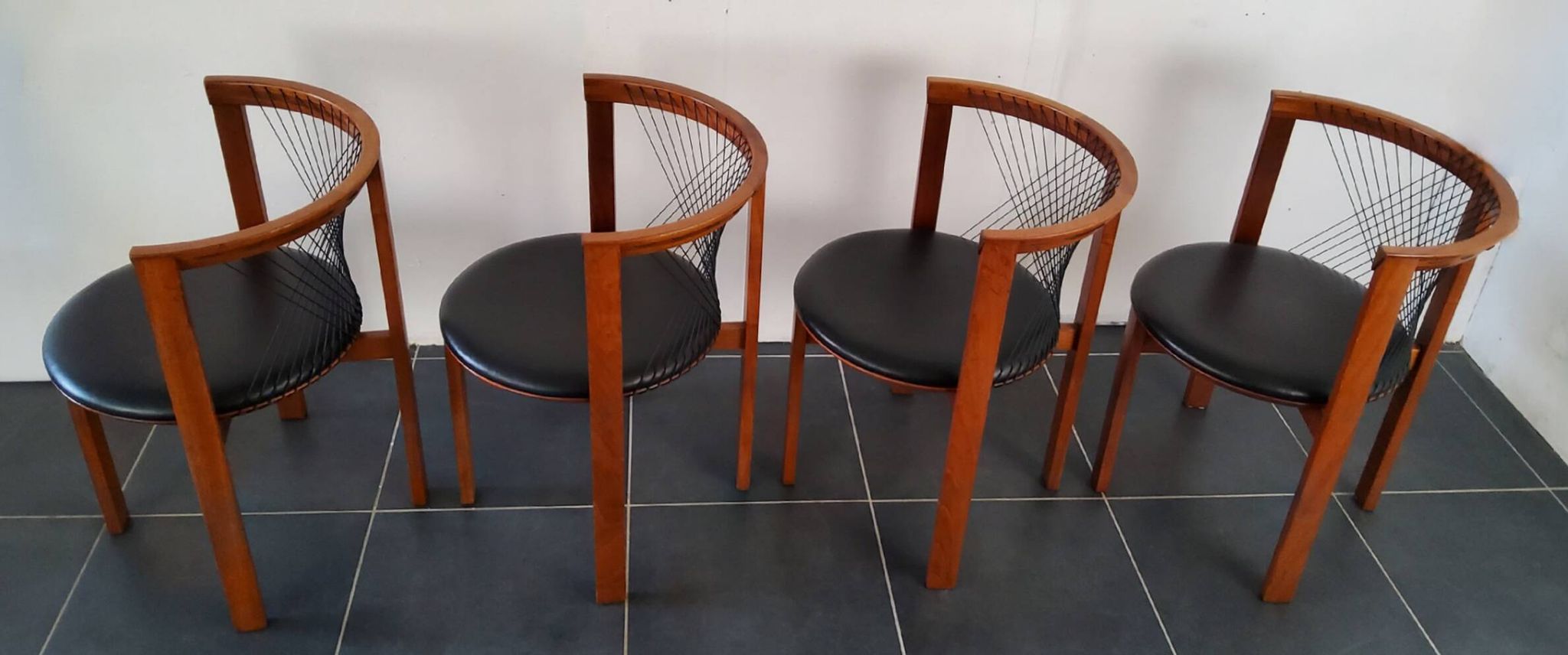 Niels Jorgen Haugesen String wood and leather chairs for Tranekaer, Denmark
