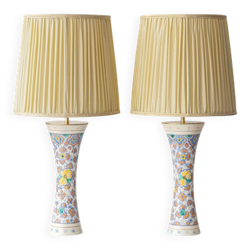 Antique Hand-Painted Table Lamp Pair, Ceramic & Brass, Gouda, 1918