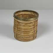 Set of 5 rattan pencil reed and brass plant holder baskets, Italy 1970s