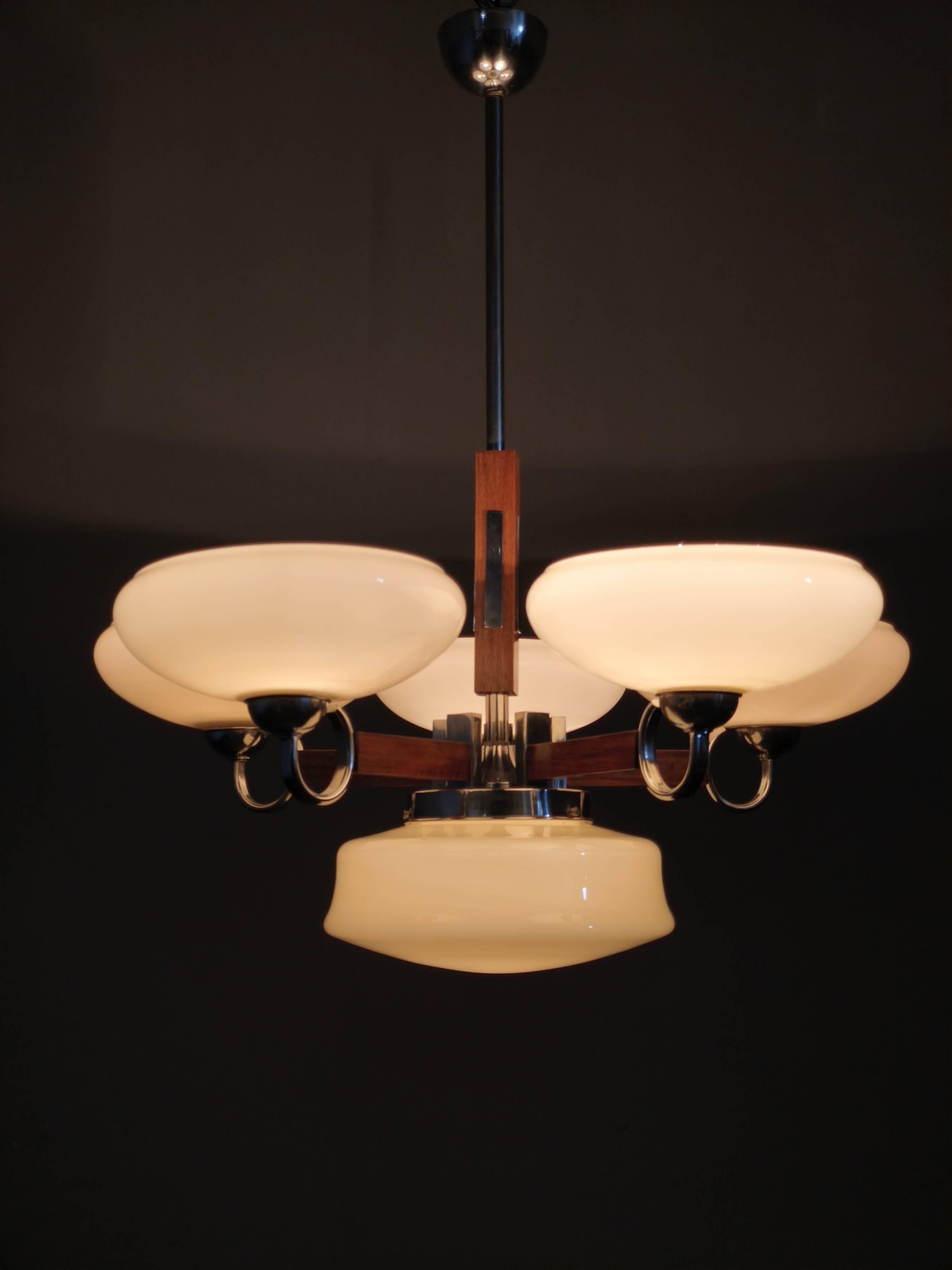 Art Deco Chrome and Walnut Chandelier, Czechoslovakia, 1930s
