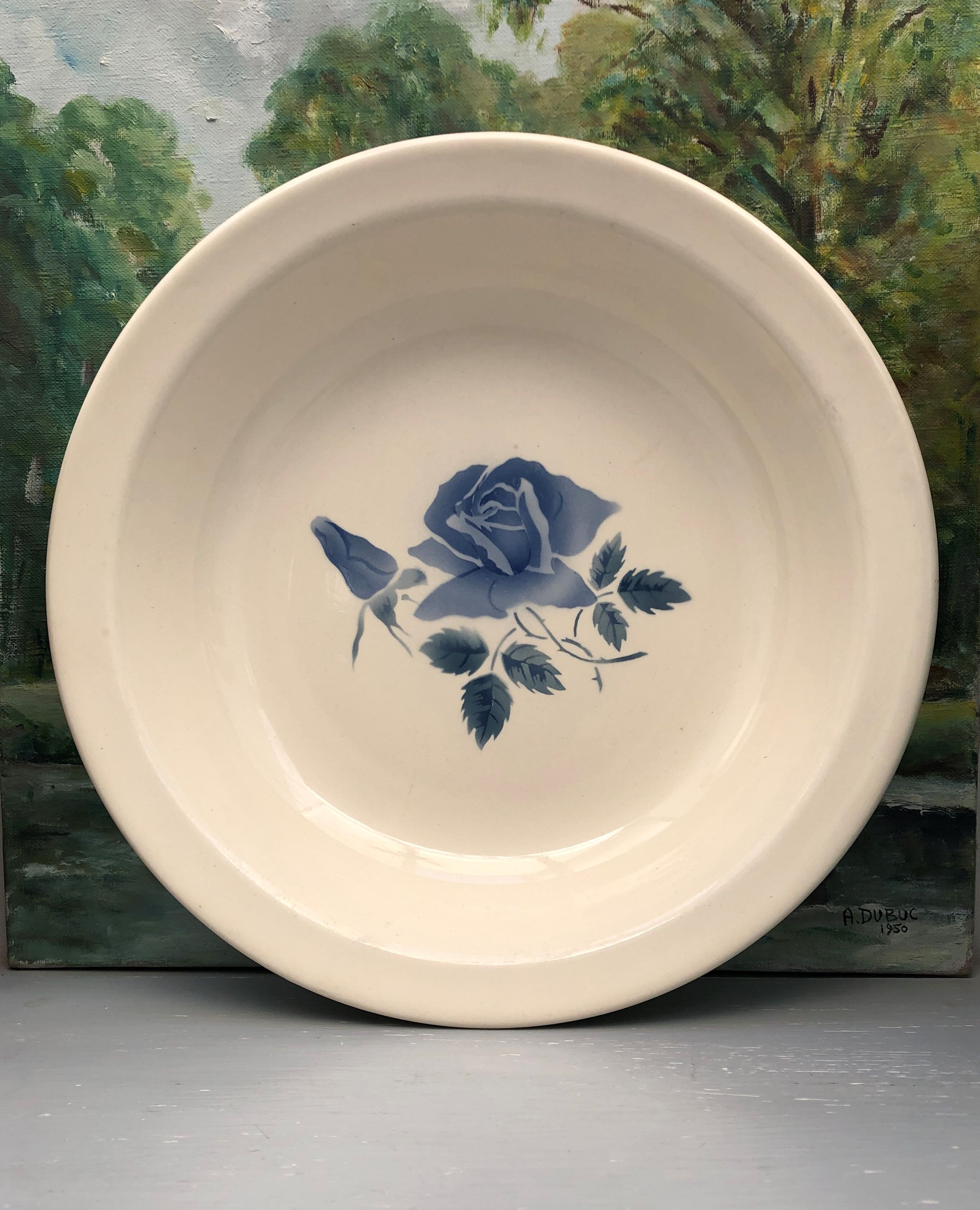Set of 2 round dishes Sarreguemines Digoin France number 4 with blue pink floral decoration.