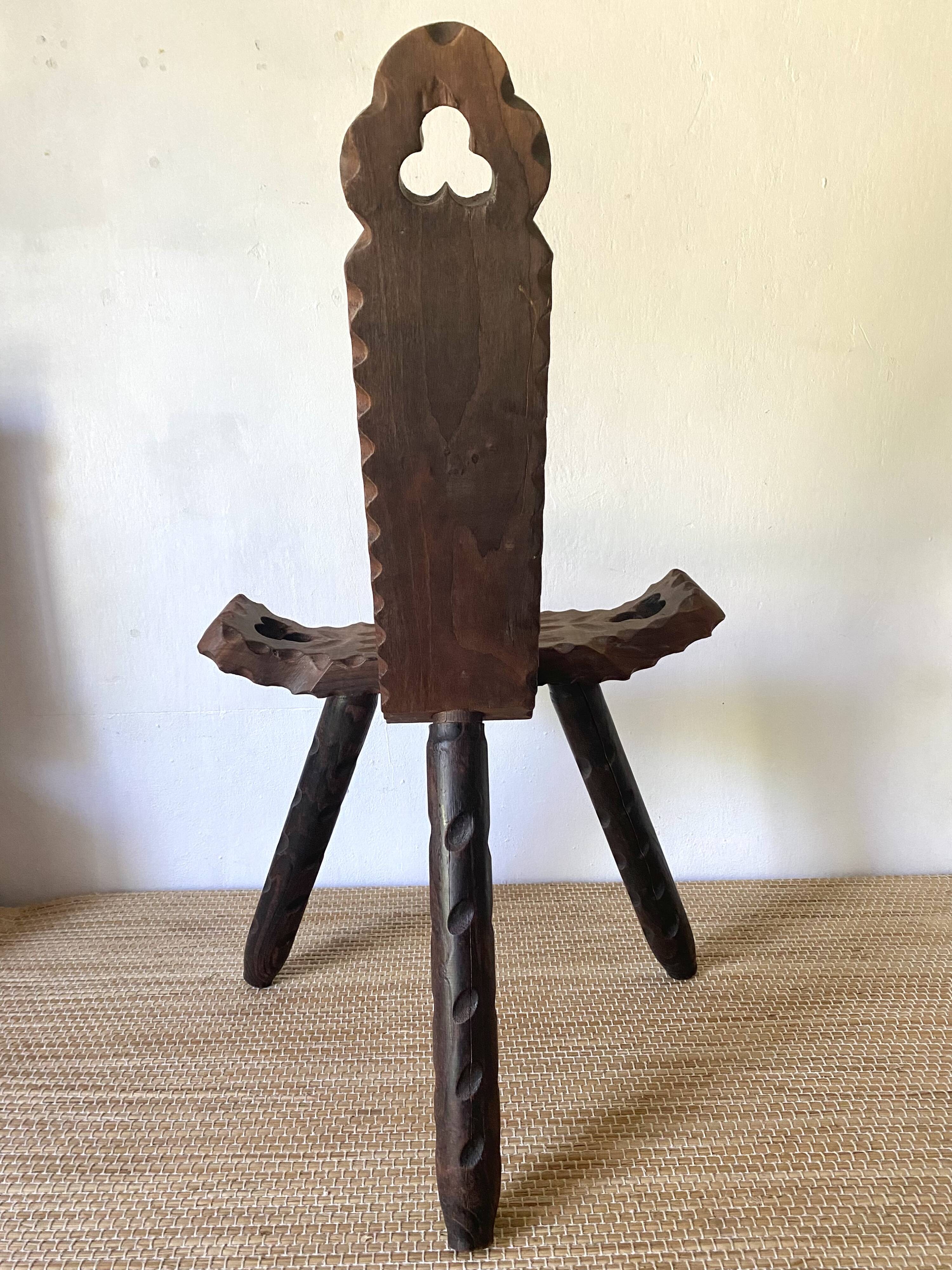 Vintage Spanish tripod chair in carved wood