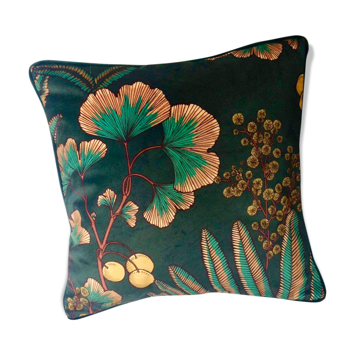 Coussin carré, velours vert fleuri