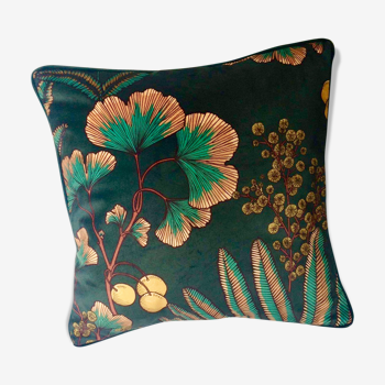 Square cushion, floral green velvet