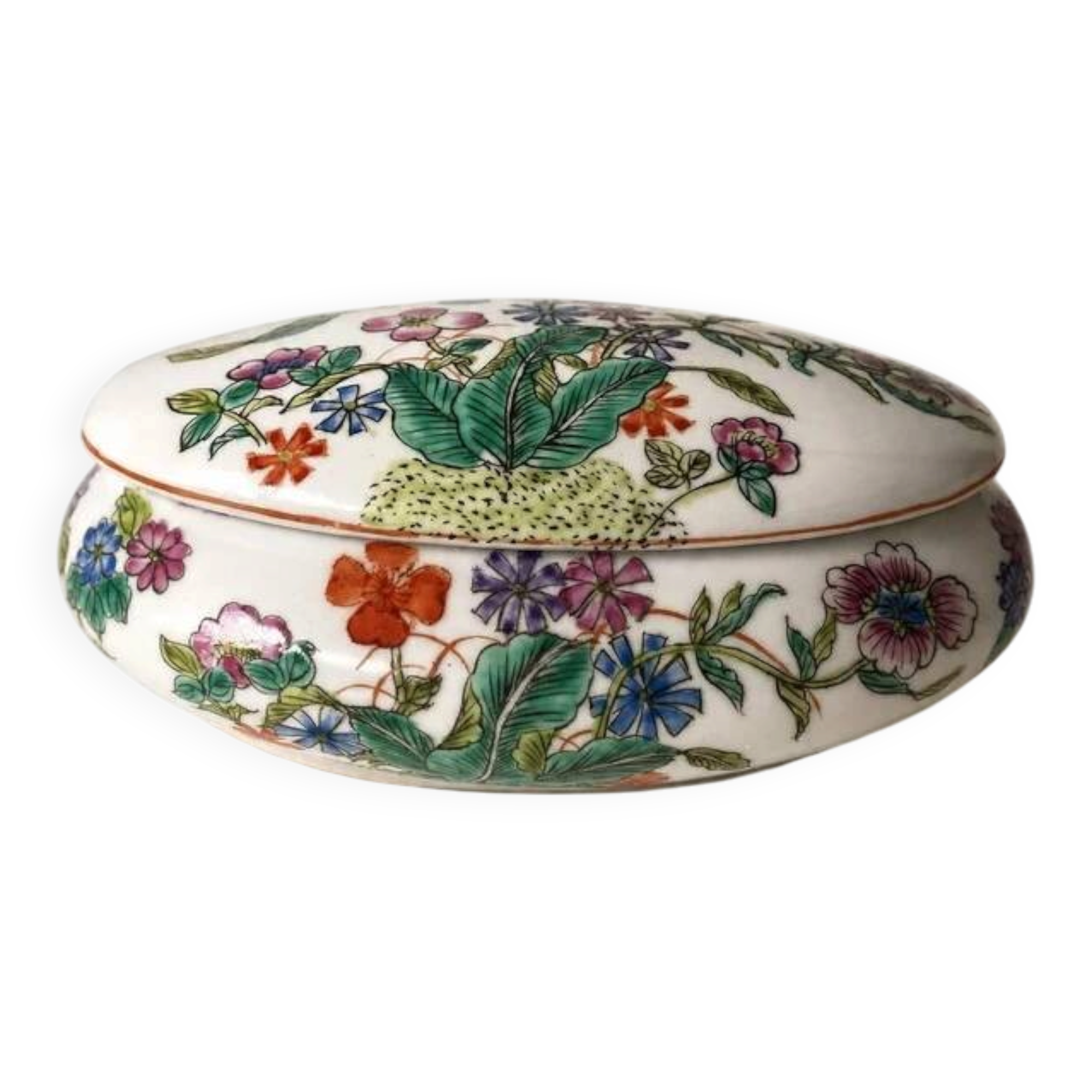 Oval porcelain jewellery box with multicoloured vintage floral decoration - 20th century