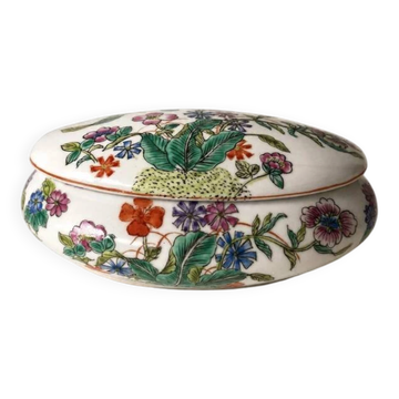 Oval porcelain jewellery box with multicoloured vintage floral decoration - 20th century