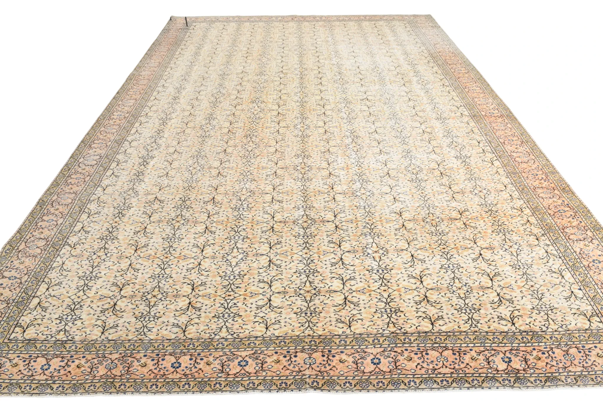 9x13 Vintage Cream Blue Persian Rug, Turkish Handmade Wool Floral Carpet