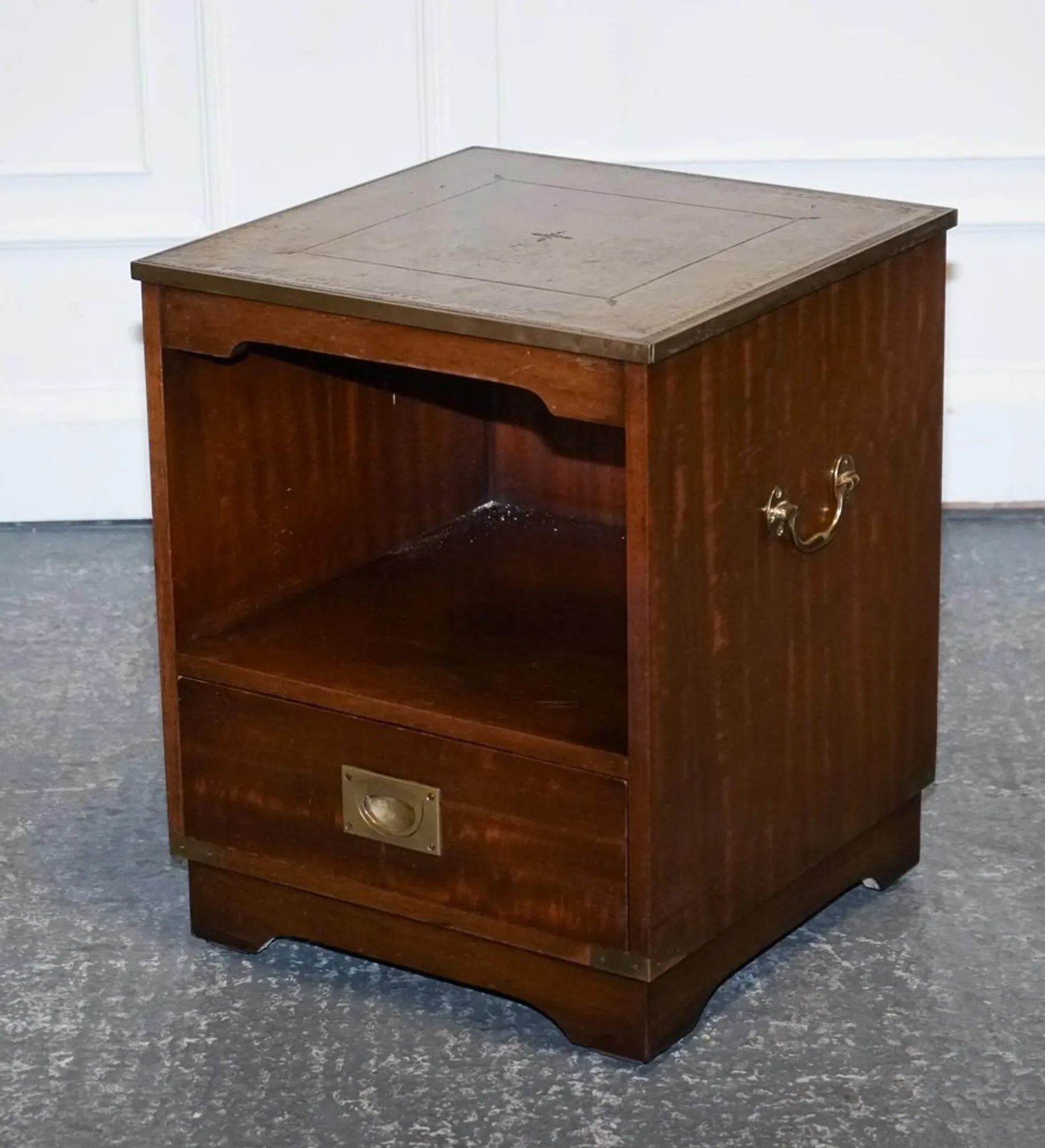 Vintage Bevan Funell Military Campaign Bedside Table with Leather Top