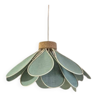 Flower pendant, Iris model, 16 petals in rattan and celadon green linen