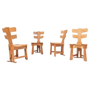 Brutalist set of 4 chairs in solid blond oak Spain 1960s